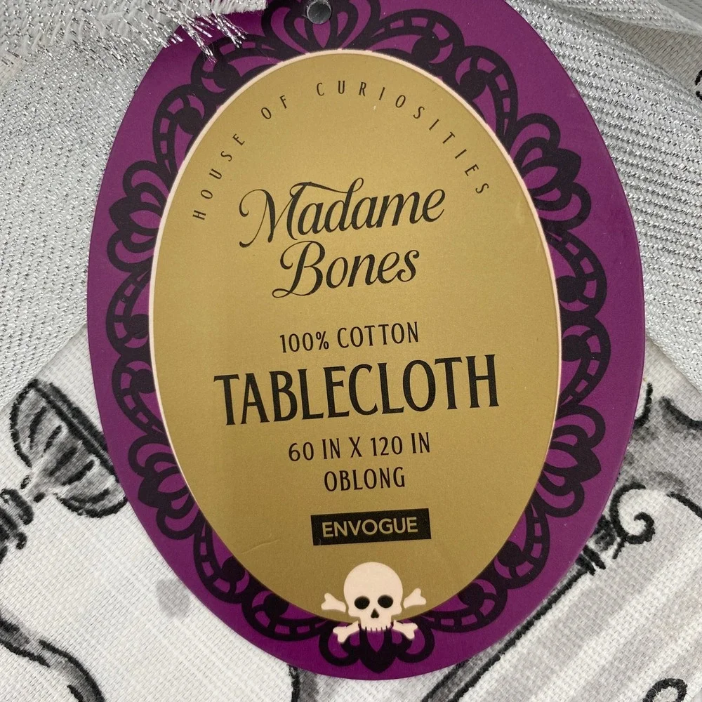 Madame Bones Tablecloth Halloween 60x120 Oblong Grey Gothic Skull Candelabra